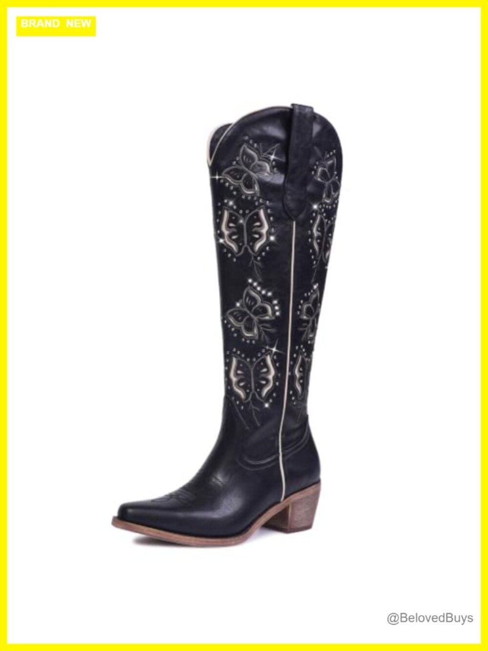 Knee High Cowboy Boots Faux Leather Rhinestone Butterfly Wide Calf Western